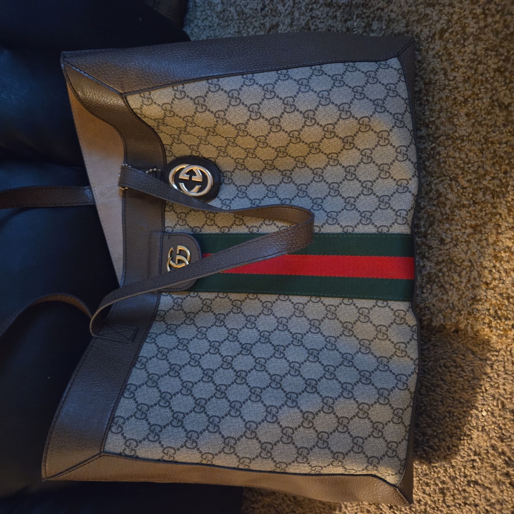 Gucci Beige and Brown Monogram Tote with Red and Green Stripe Comes With Matchin - Picture 2 of 5